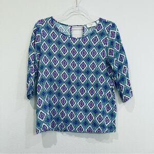 Everly Geometric Print Blue Green Purple Rayon 3/4 Sleeve Pullover Top - Medium